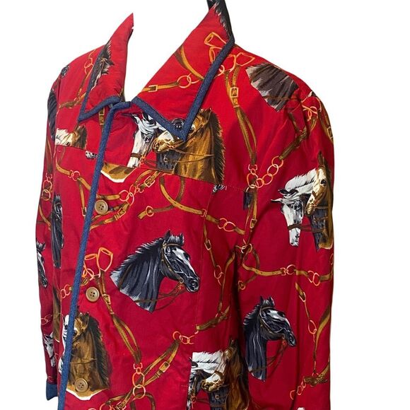 Anne Carson Quilted Vintage Equestrian Horse Print Coat Size XL - Picture 2 of 7